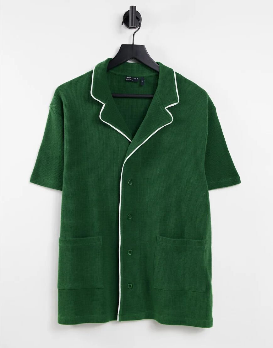 ASOS DESIGN relaxed waffle polo with pockets in green with white piping  Green