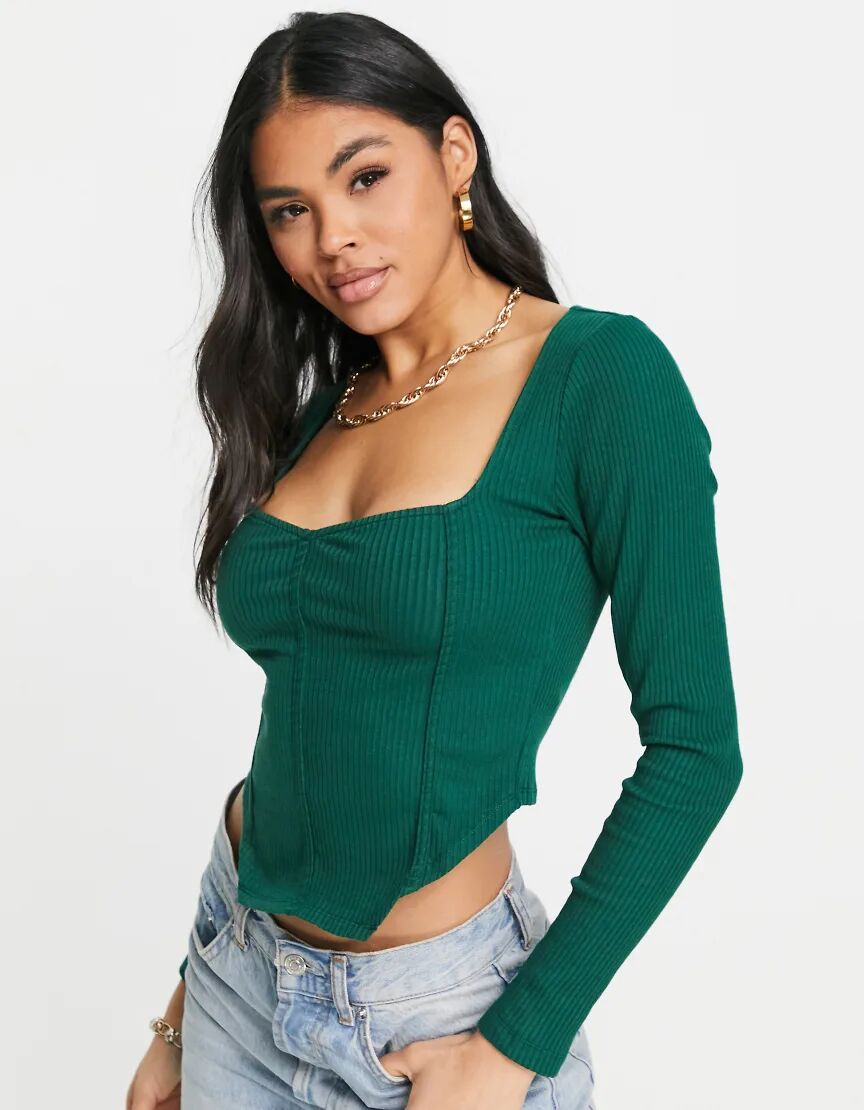 ASOS DESIGN rib fitted corset top with ultra wide neck in pine green  Green