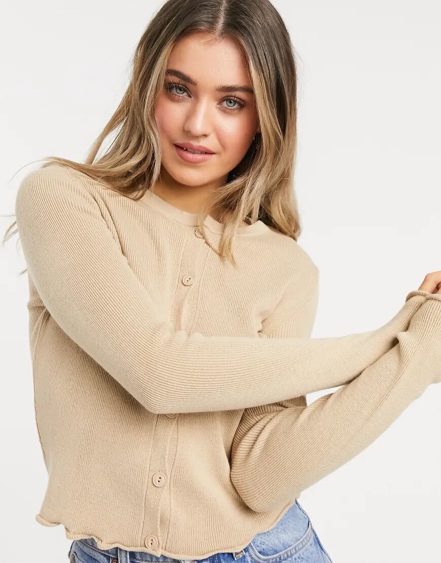 ASOS DESIGN ribbed crew neck cardigan with frill edge in stone-Neutral  Neutral