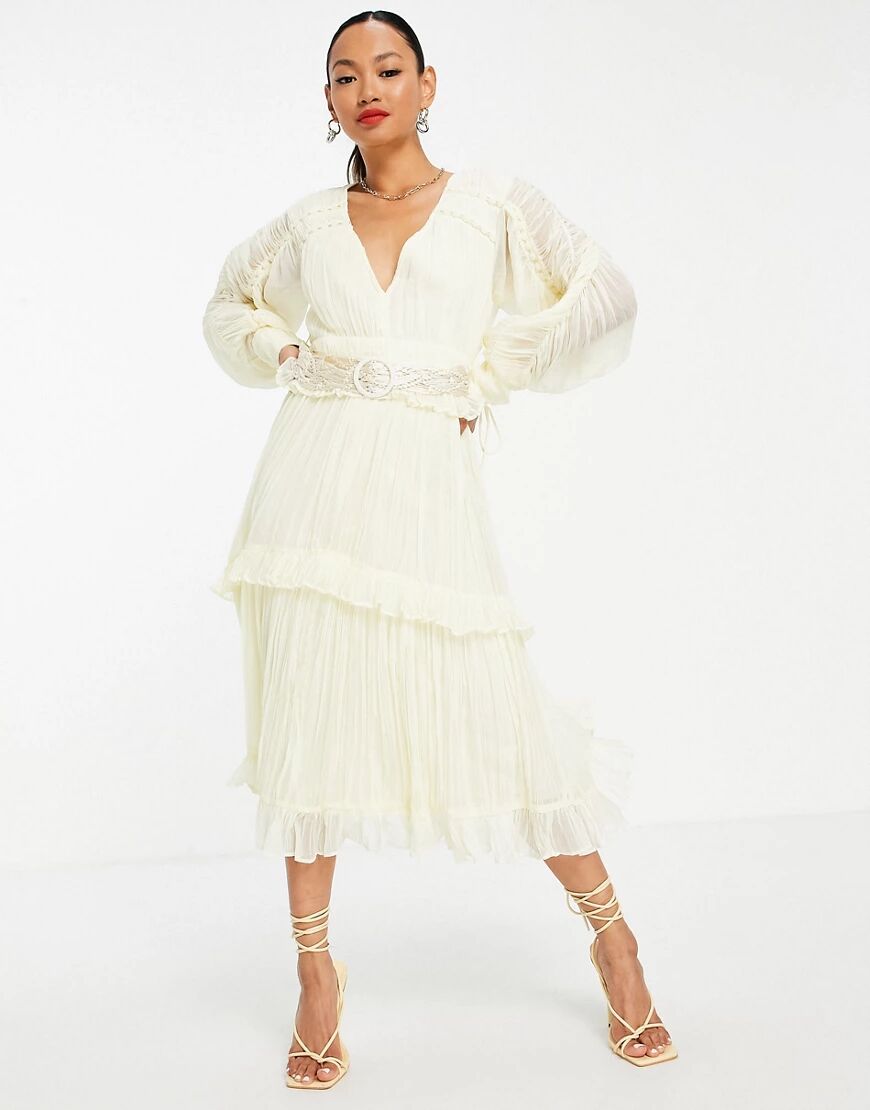 ASOS DESIGN ruched layered midi dress with macrame belt in cream-White  White