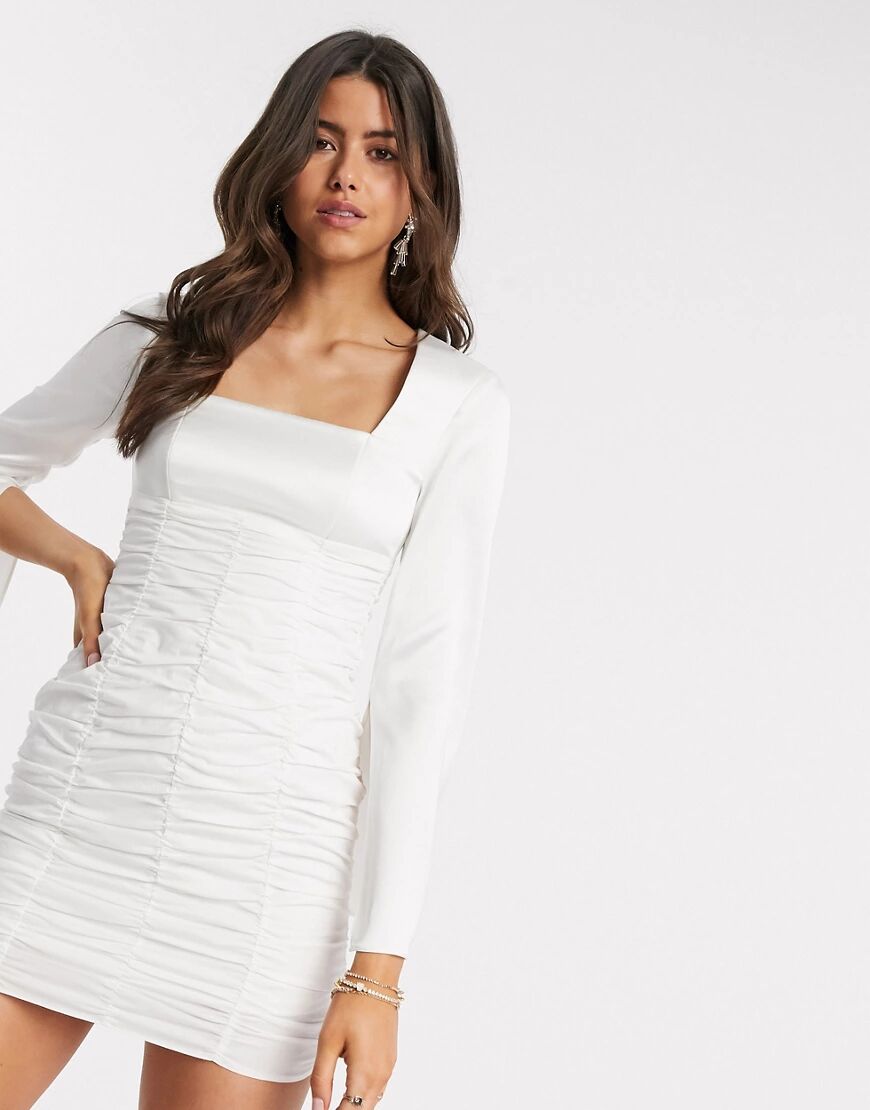 ASOS DESIGN ruched mini dress with satin top and split sleeve in ivory-White  White