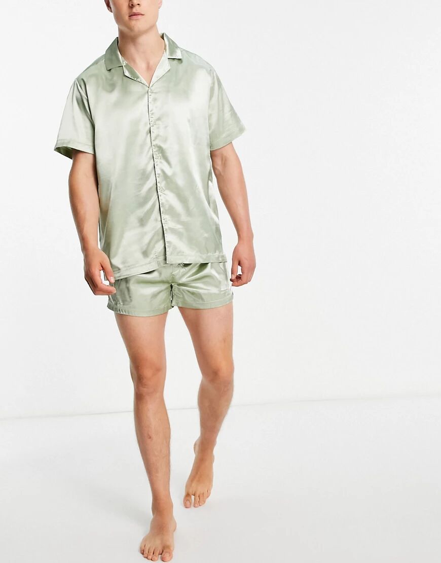 ASOS DESIGN satin shirt and short pyjama set in green  Green