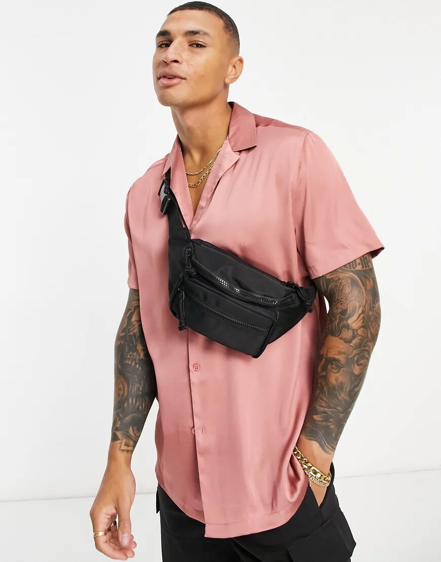 ASOS DESIGN satin shirt with deep revere collar in pink  Pink