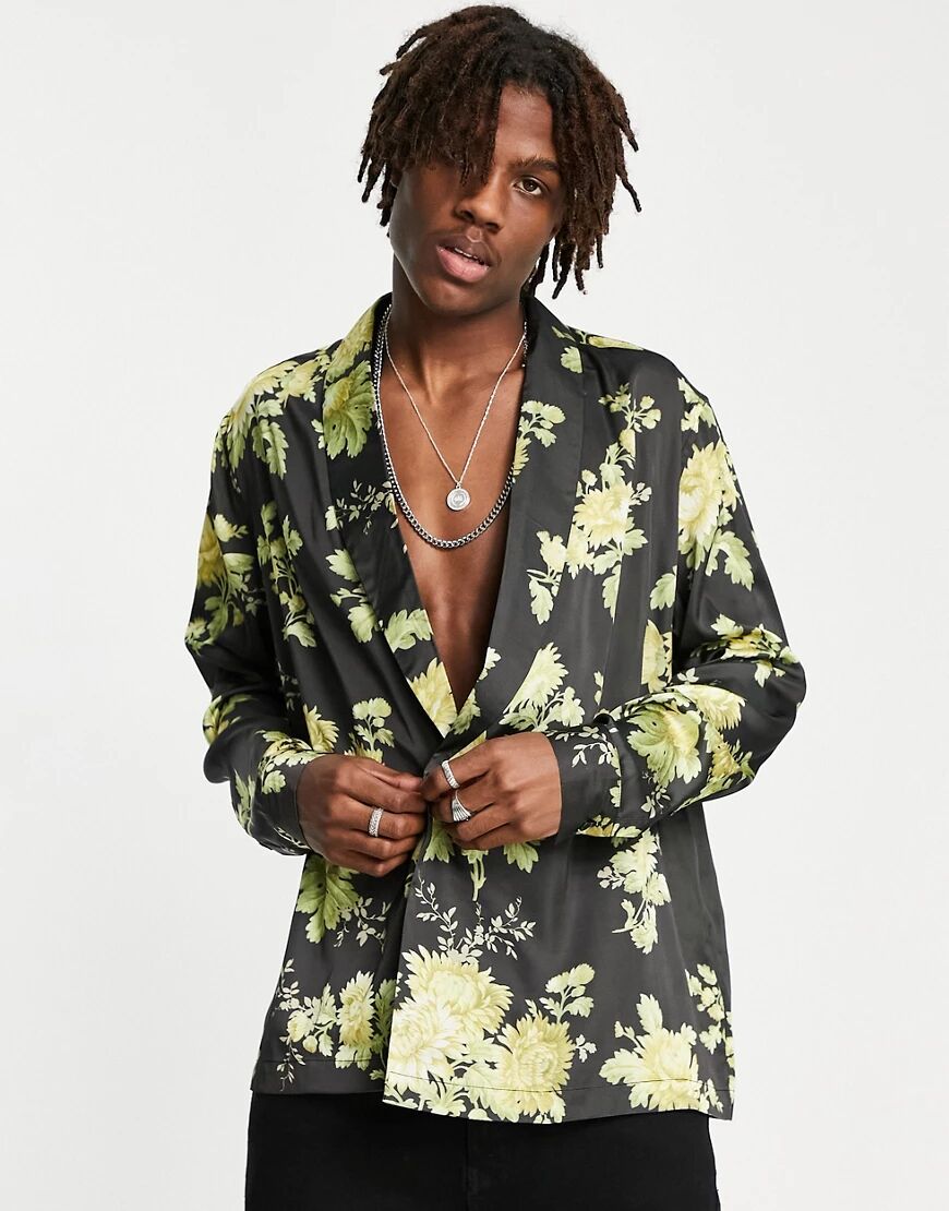 ASOS DESIGN satin shirt with double breasted front in black floral print  Black