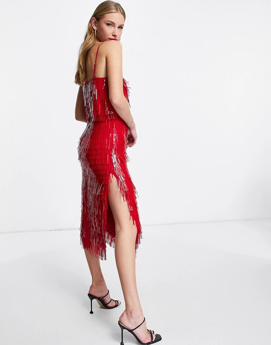 ASOS DESIGN shard detail midi dress with sheer waist detail in red  Red