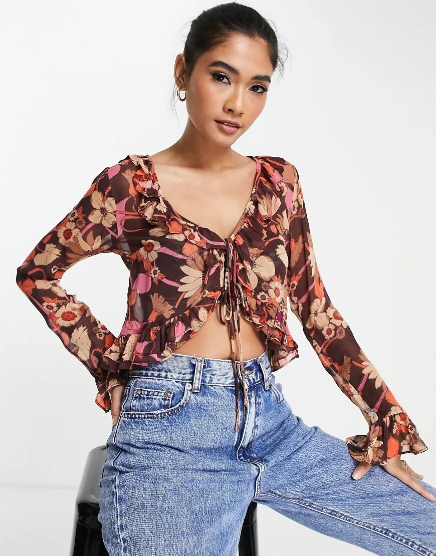 ASOS DESIGN sheer floral ruffle blouse with tie front-Multi  Multi