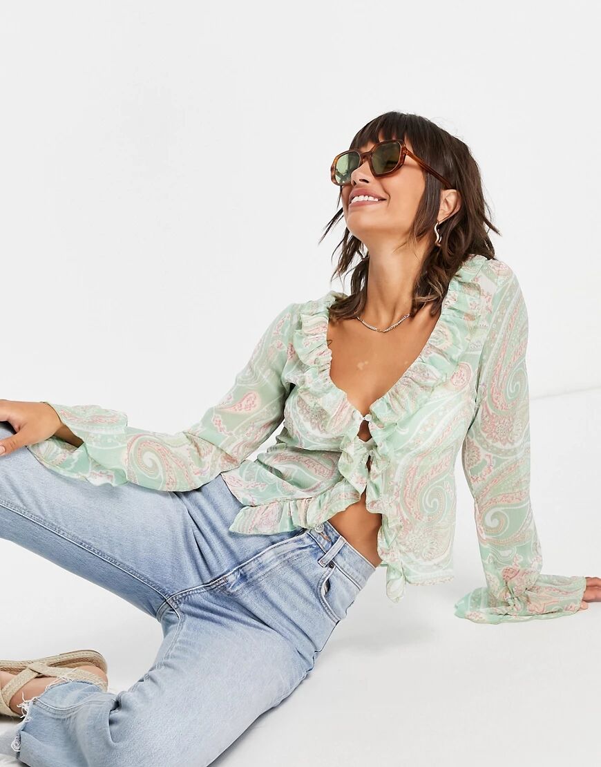 ASOS DESIGN sheer long sleeve blouse with ruffle detail in paisley print-Multi  Multi