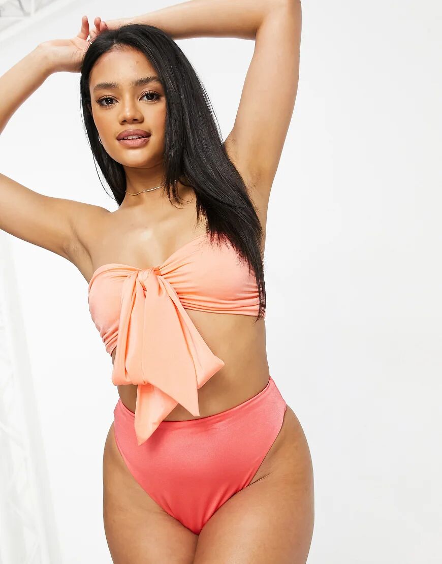 ASOS DESIGN shimmer bow front bikini top in apricot-Orange  Orange