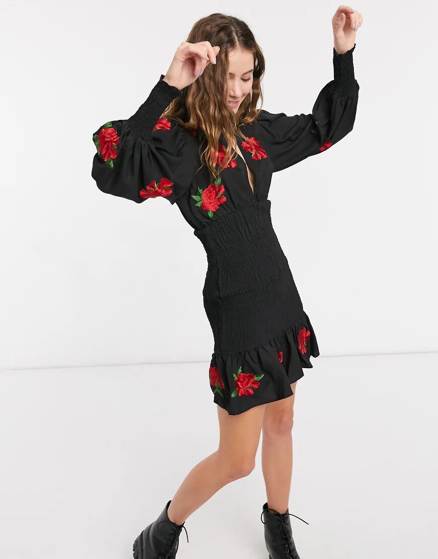 ASOS DESIGN shirred mini dress with all over rose embroidery in black  Black