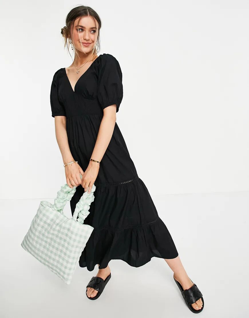 ASOS DESIGN shirred waist broderie insert maxi dress in black  Black