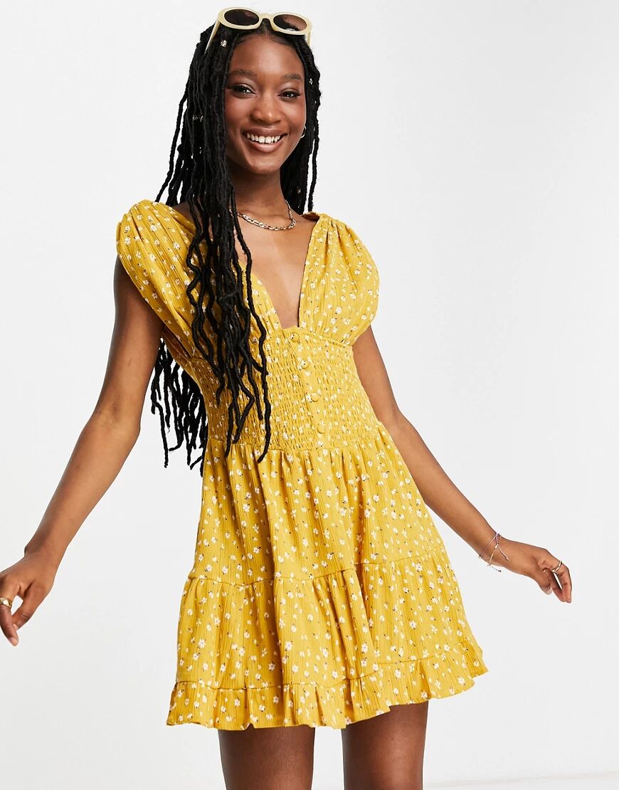 ASOS DESIGN shirred waist button front tiered mini sundress in crinkle in mustard floral print-Multi  Multi