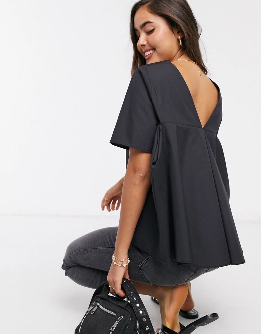 ASOS DESIGN short sleeve cotton top with pleat back detail in black  Black