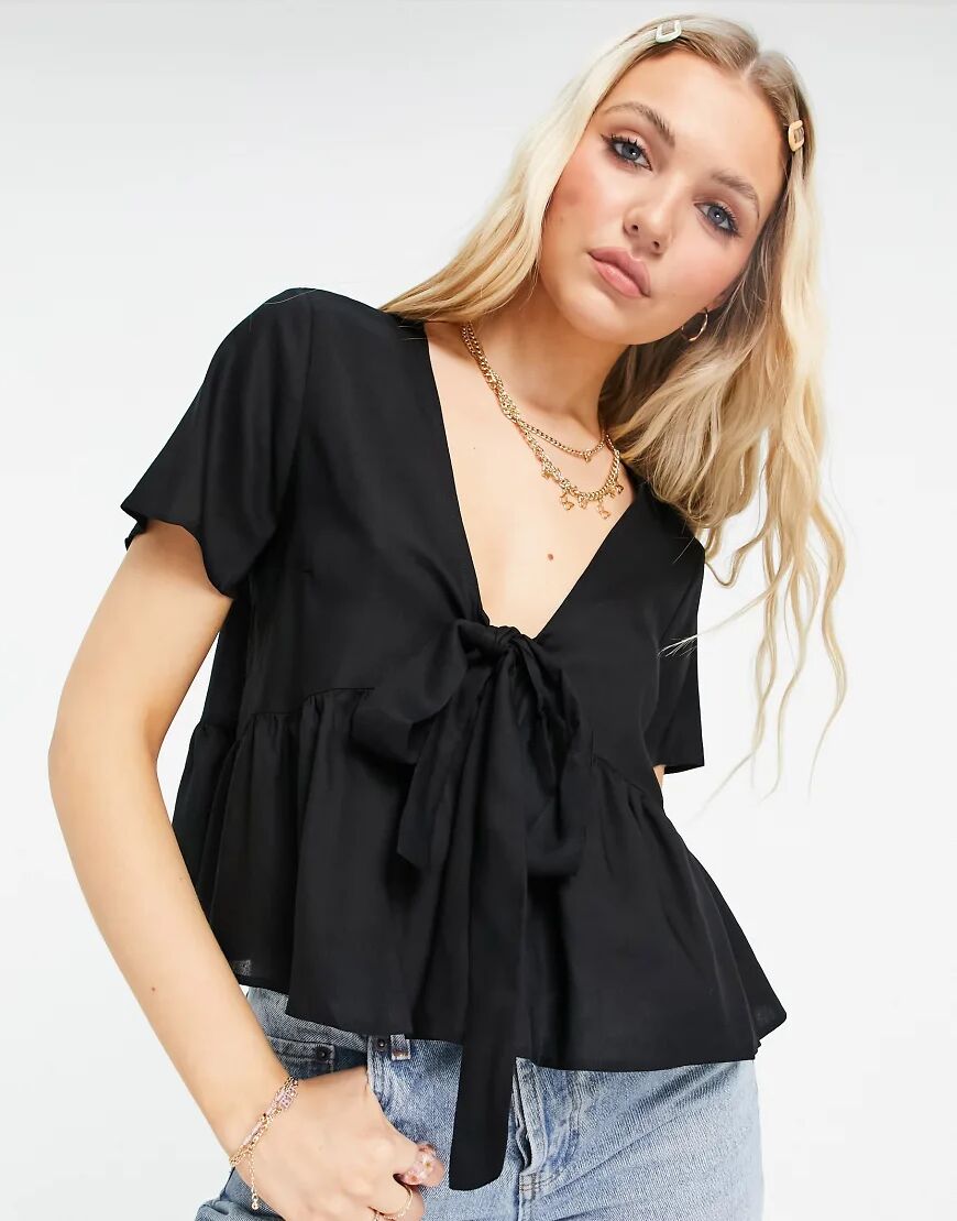 ASOS DESIGN short sleeve tie front tea blouse in black  Black