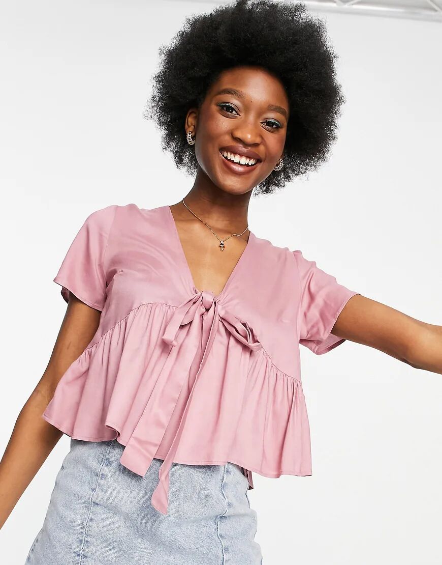 ASOS DESIGN short sleeve tie front tea blouse in dusty pink  Pink