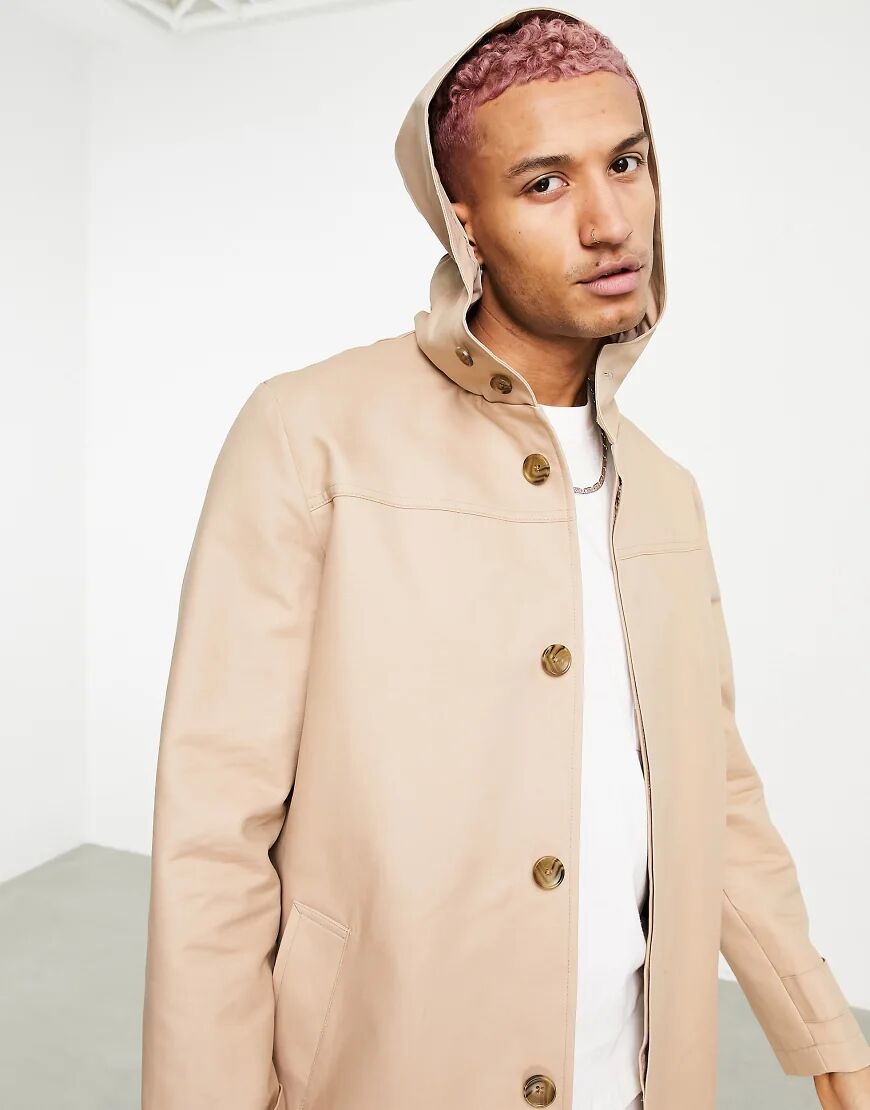 ASOS DESIGN shower resistant hooded trench coat in stone-Neutral  Neutral