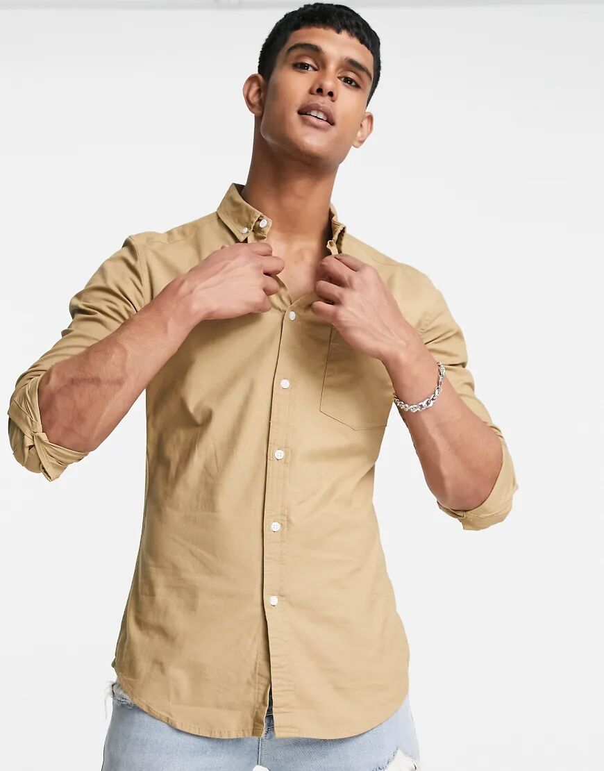 ASOS DESIGN skinny fit oxford shirt in stone-Neutral  Neutral