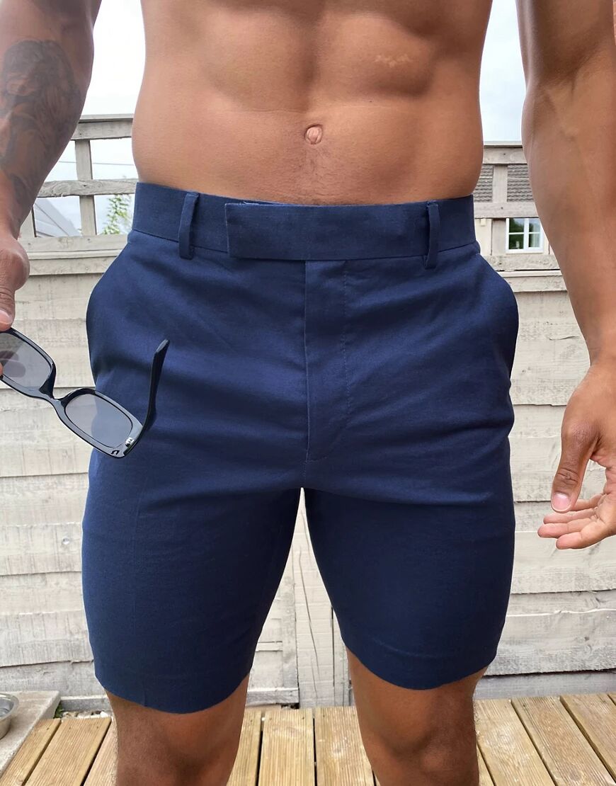 ASOS DESIGN skinny smart shorts in navy linen  Navy
