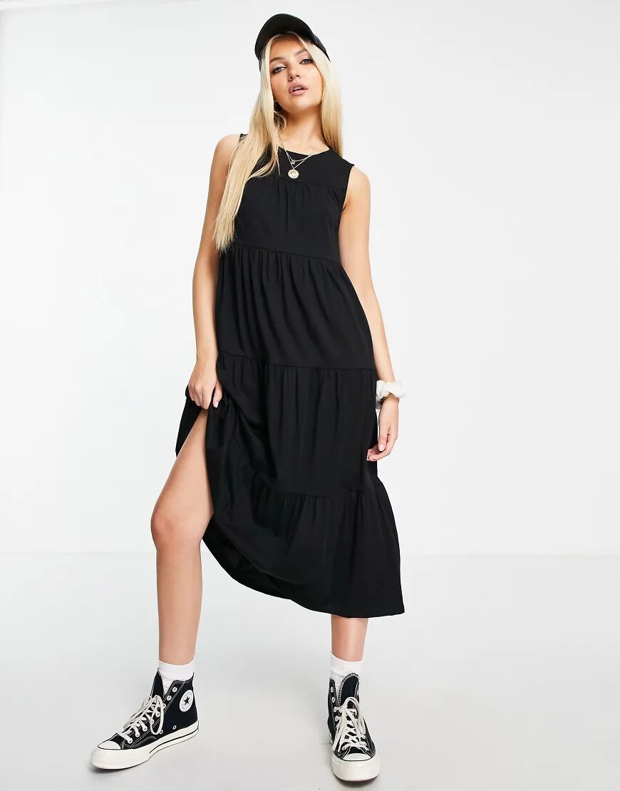 ASOS DESIGN sleeveless tiered midi smock dress in black  Black