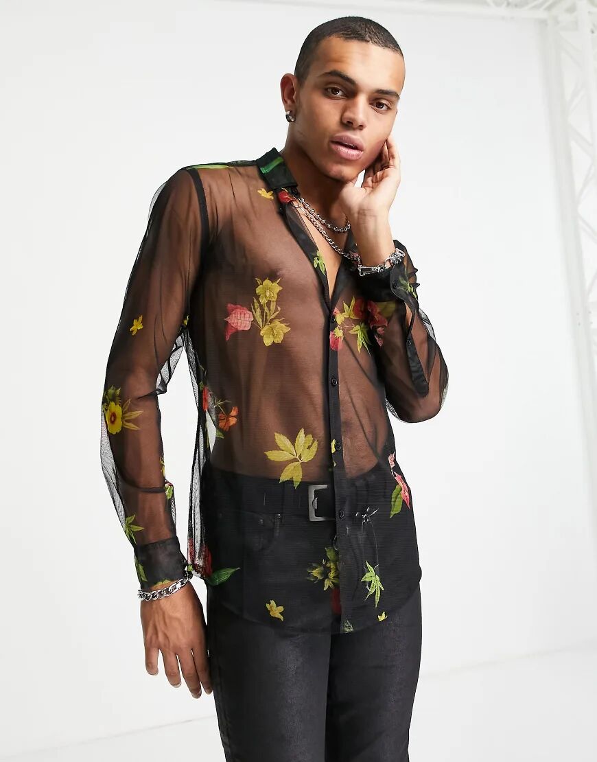 ASOS DESIGN slim fit shirt in black floral mesh  Black