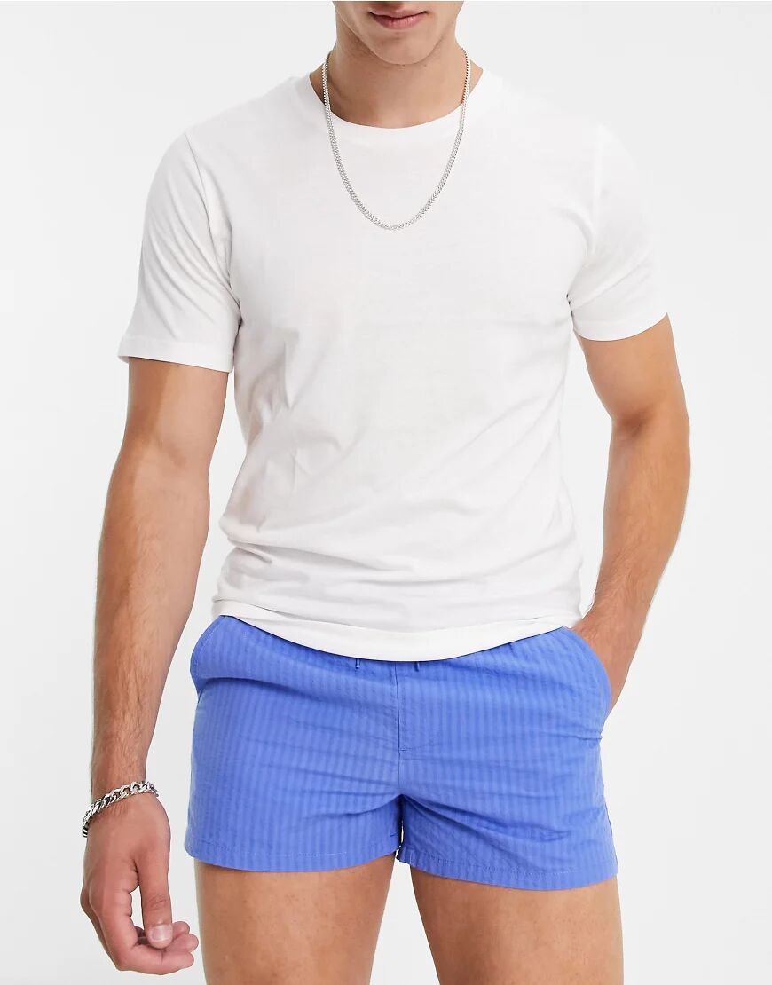 ASOS DESIGN slim shorter shorts in bright blue seersucker  Blue