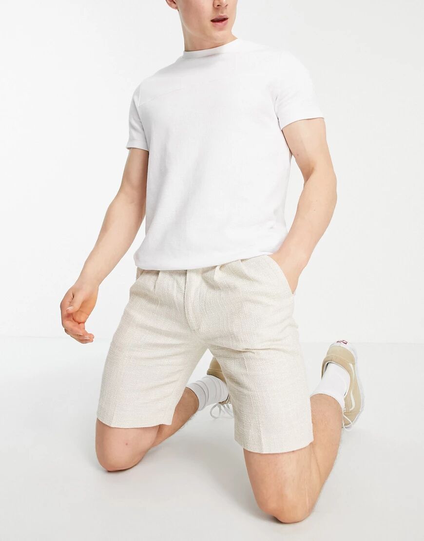 ASOS DESIGN slim shorts with cross hatch in stone-Neutral  Neutral