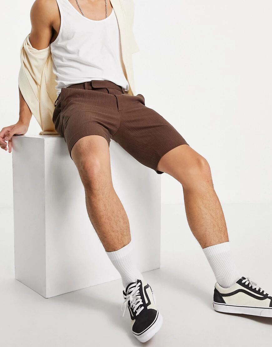 ASOS DESIGN slim smart shorts in green crinkle linen-Brown  Brown