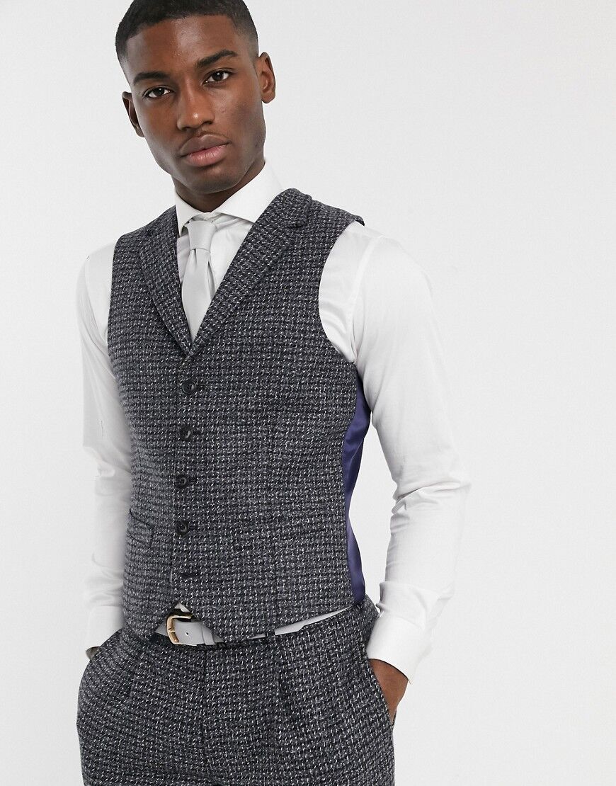 ASOS DESIGN slim suit waistcoast in blue and grey 100% lambswool tweed  Grey