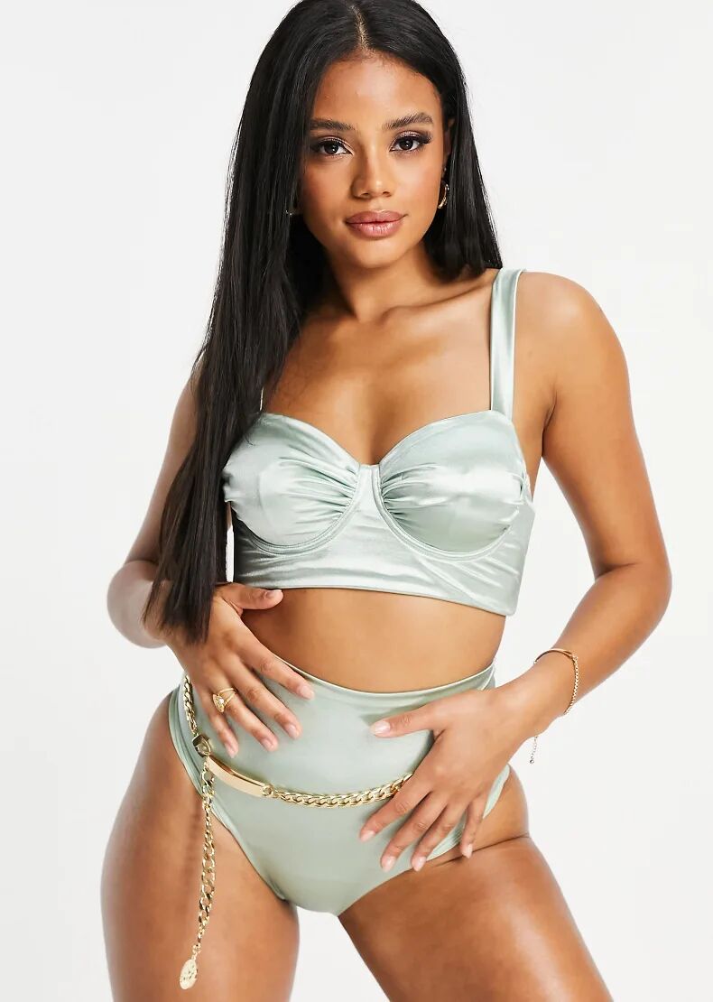 ASOS DESIGN slinky underwired crop bikini top in sage green  Green