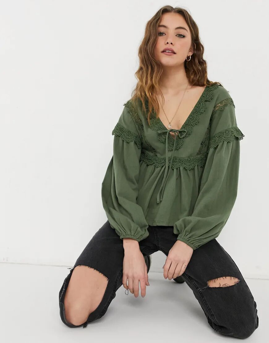 ASOS DESIGN smock top with v neck and lace trim detail in khaki green-Neutral  Neutral