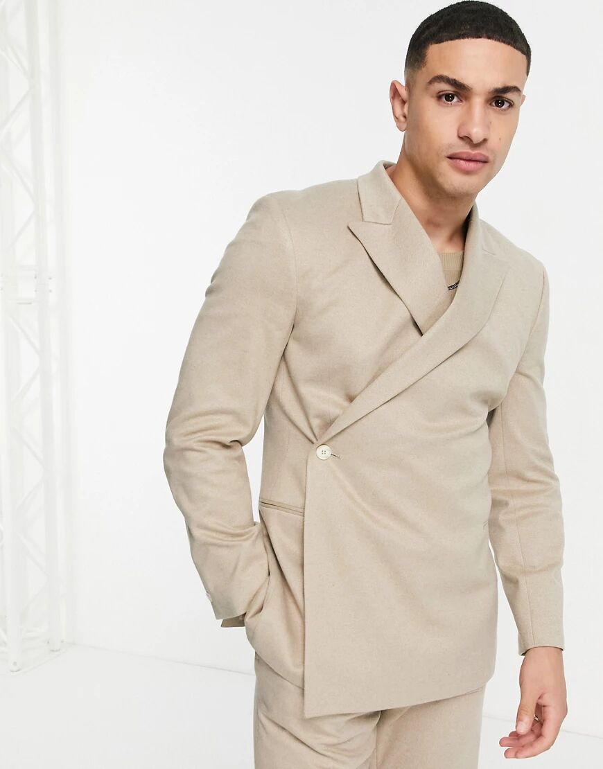 ASOS DESIGN soft touch skinny wrap suit jacket in beige-Neutral  Neutral