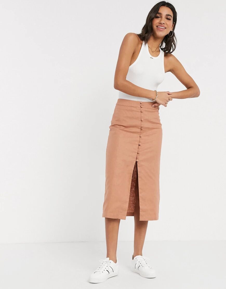 ASOS DESIGN splendid linen button through midi skirt-Brown  Brown