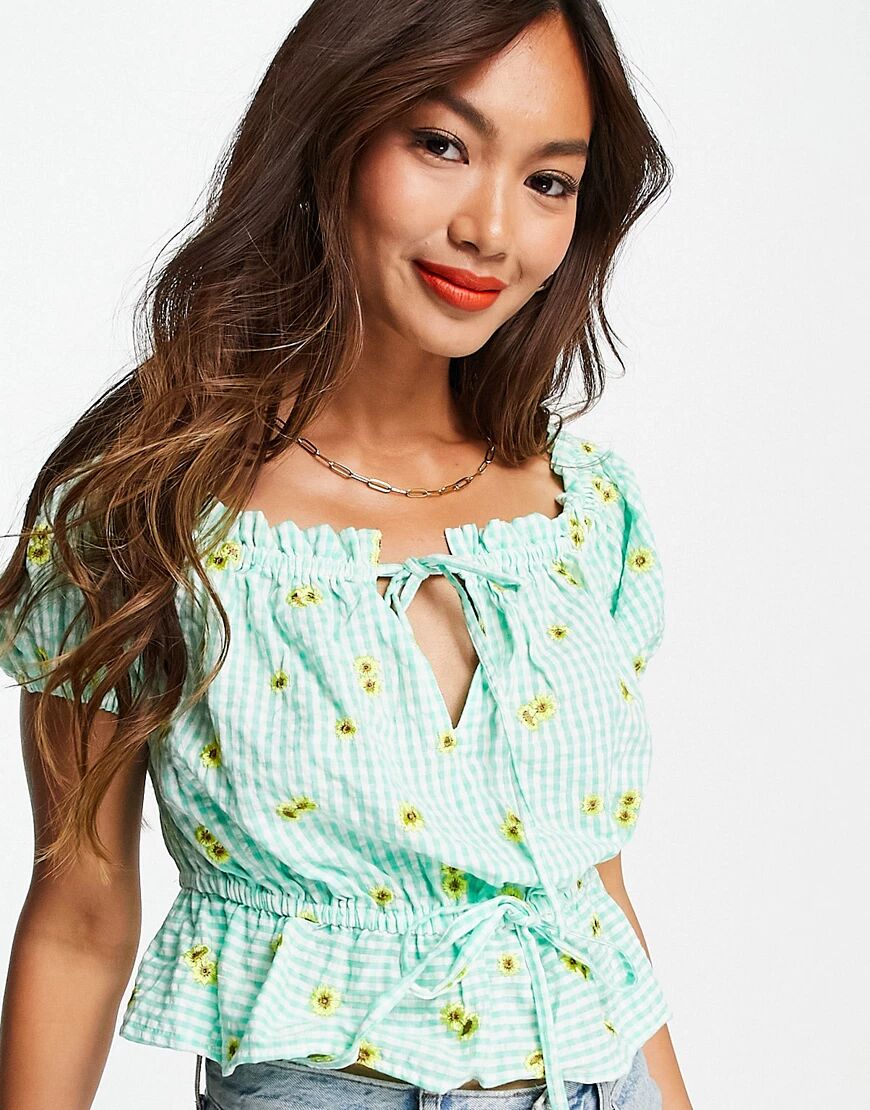 ASOS DESIGN square neck top in green gingham with floral embroidered detail-Multi  Multi