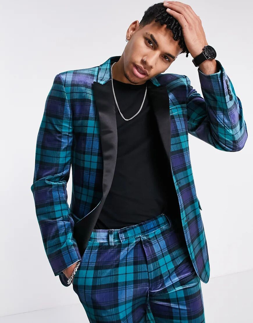 ASOS DESIGN super skinny check velvet tuxedo suit jacket in blue-Black  Black