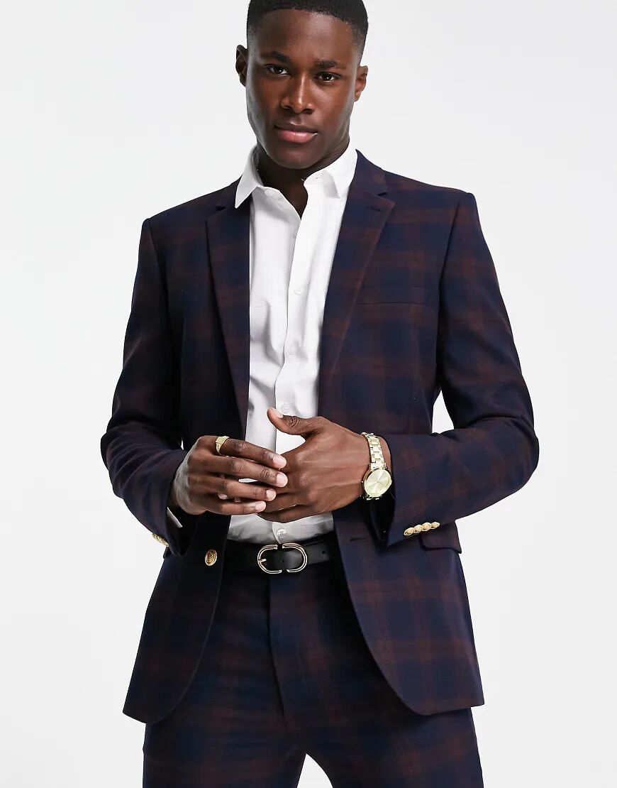 ASOS DESIGN super skinny suit jacket in burgundy mid scale check with gold button-Red  Red