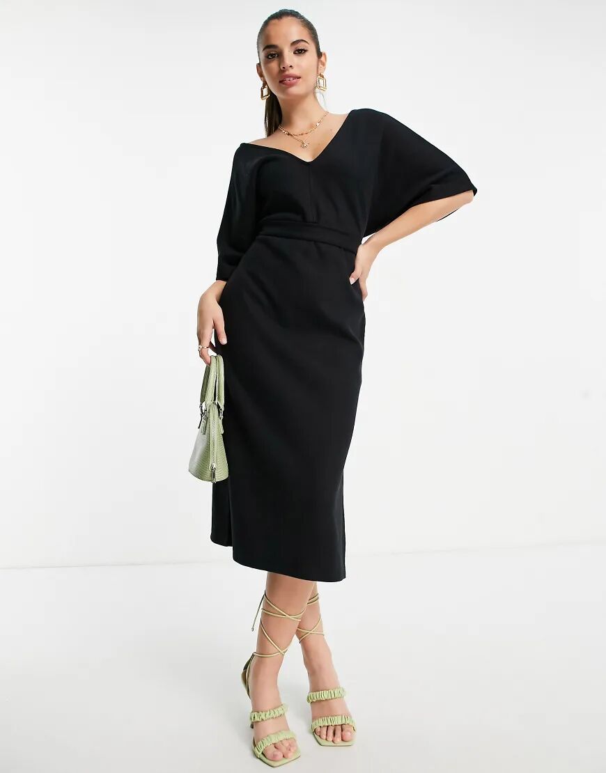 ASOS DESIGN super soft v neck belted midi jumper dress in black  Black