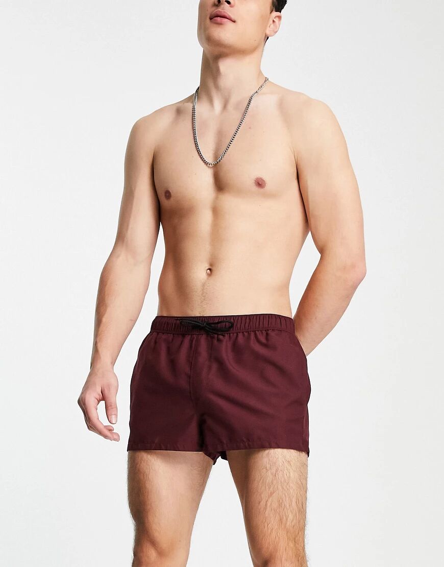 ASOS DESIGN swim shorts in burgundy super short length-Red  Red
