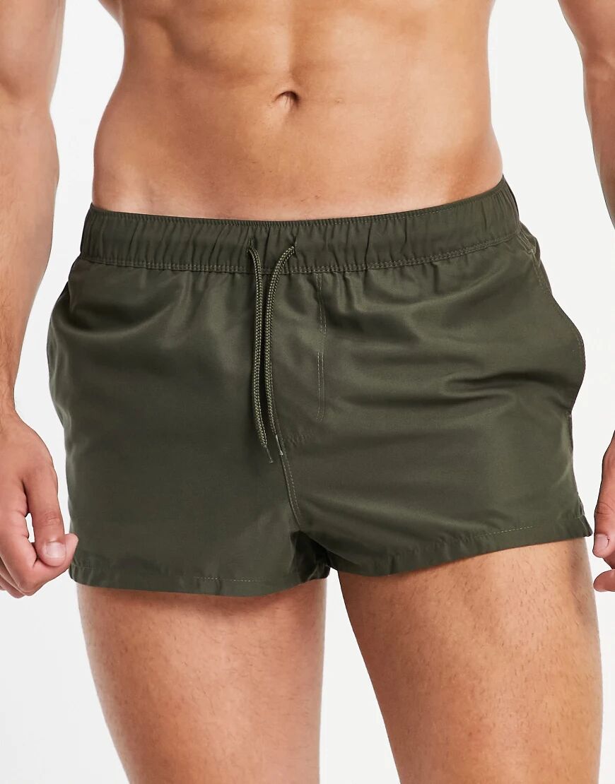 ASOS DESIGN swim shorts in khaki super short length-Green  Green