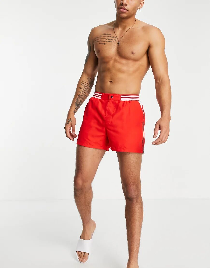 ASOS DESIGN swim shorts with contrast waitband in red short length  Red