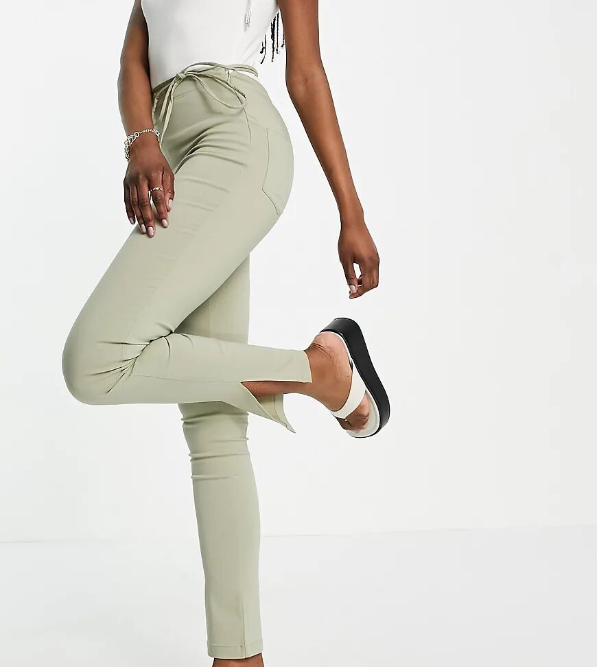 ASOS Tall ASOS DESIGN Tall bengaline split hem tie waist trouser in sage green  Green