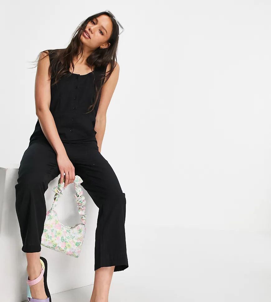 ASOS Tall ASOS DESIGN tall button front linen minimal chuck on jumpsuit in black  Black