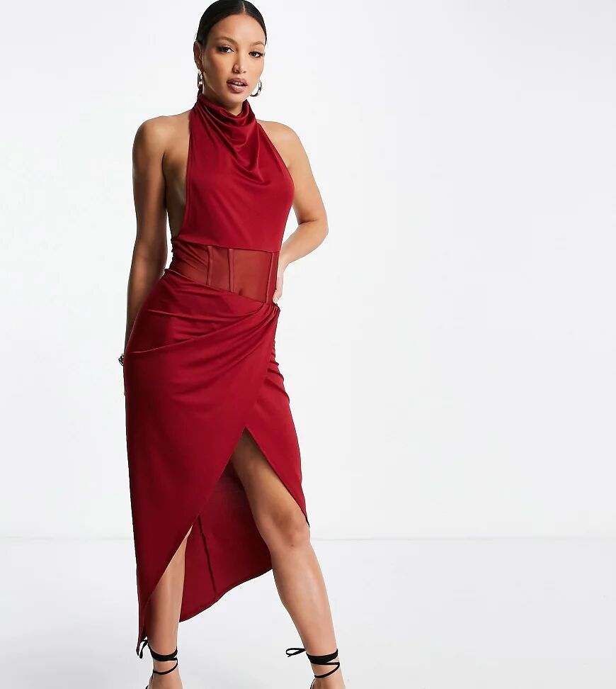 ASOS Tall ASOS DESIGN Tall cowl neck mesh corset midi dress in burgundy-Red  Red