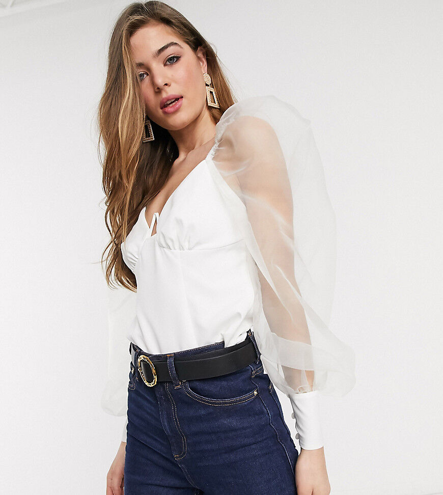 ASOS Tall ASOS DESIGN Tall crop top with organza sleeve and v bar detail in Ivory-No colour  No colour