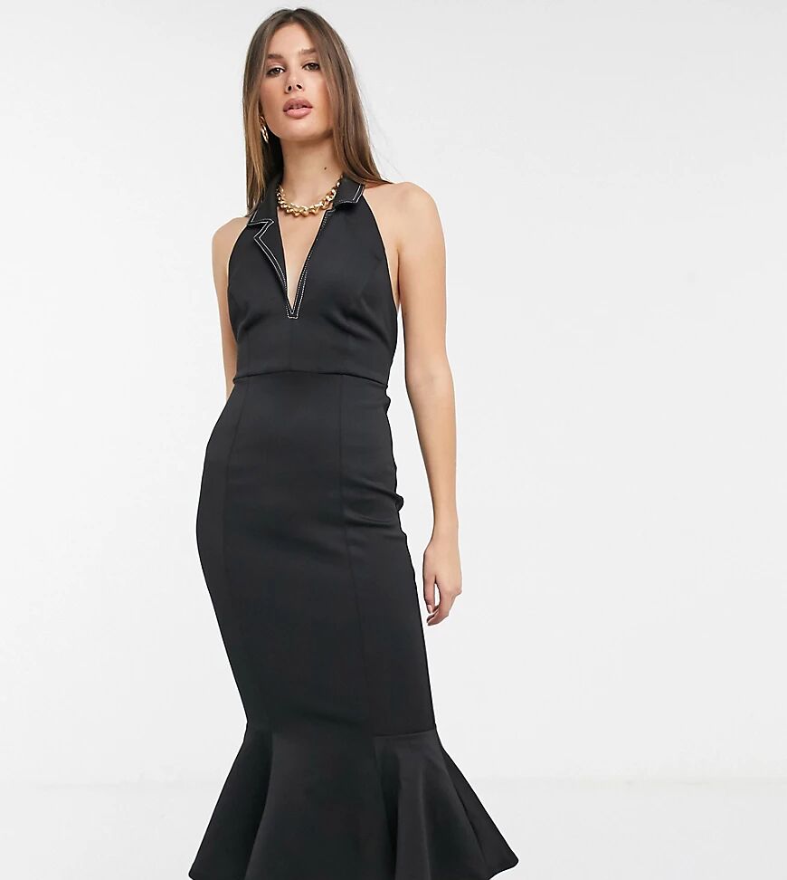 ASOS Tall ASOS DESIGN Tall exclusive plunge halter belted pep hem midi dress with contrast top stitch in black  Black
