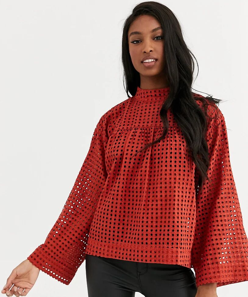 ASOS Tall ASOS DESIGN Tall long sleeve smock top with high neck in grid check broderie-No colour  No colour