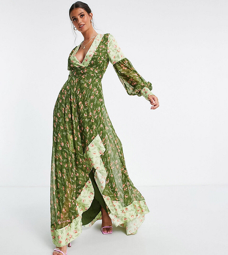 ASOS Tall ASOS DESIGN Tall Maxi dress in mixed ditsy print with self belt in green ditsy  Green
