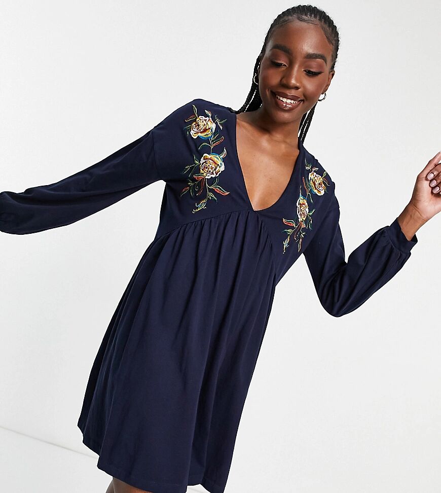 ASOS Tall ASOS DESIGN Tall mini dress with floral embroidery detail in navy  Navy