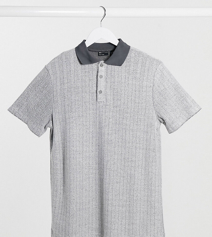 ASOS DESIGN Tall polo in textured herringbone fabric-Grey  Grey