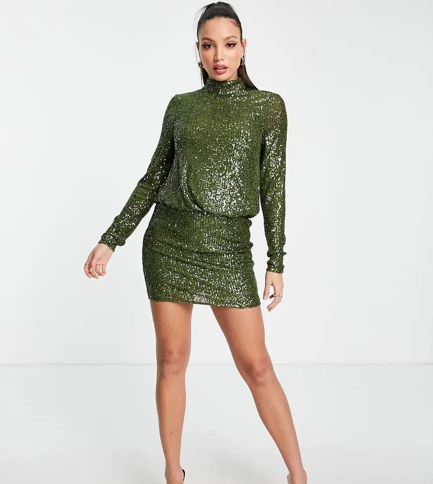 ASOS Tall ASOS DESIGN Tall sequin embellished high neck mini dress-Green  Green