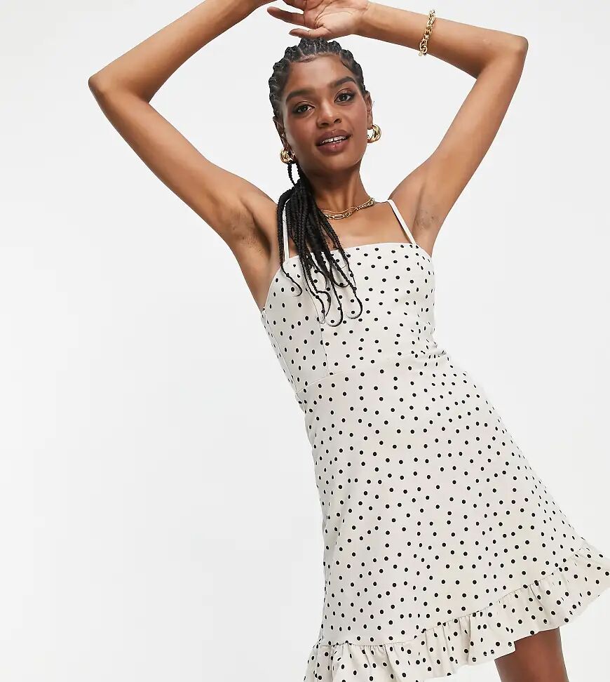 ASOS DESIGN Tall strappy sundress with pephem in stone and black polka dot-White  White