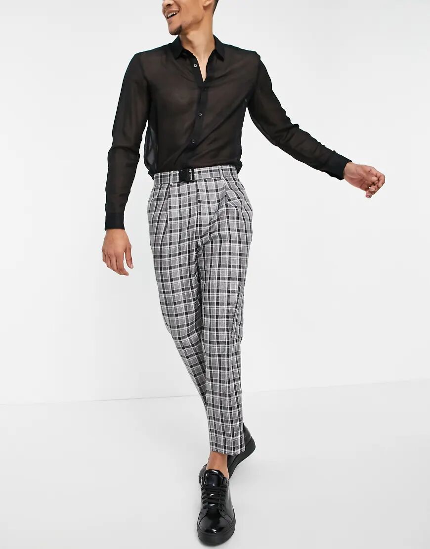 ASOS DESIGN tapered smart cargo trousers in grey check with multi pockets  Grey